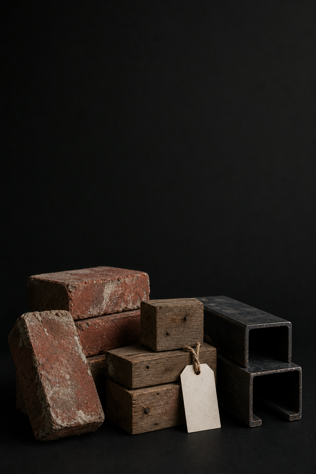 Ilustracja przykładowego materiału: cegła ceramiczna, drewno i profile stalowe